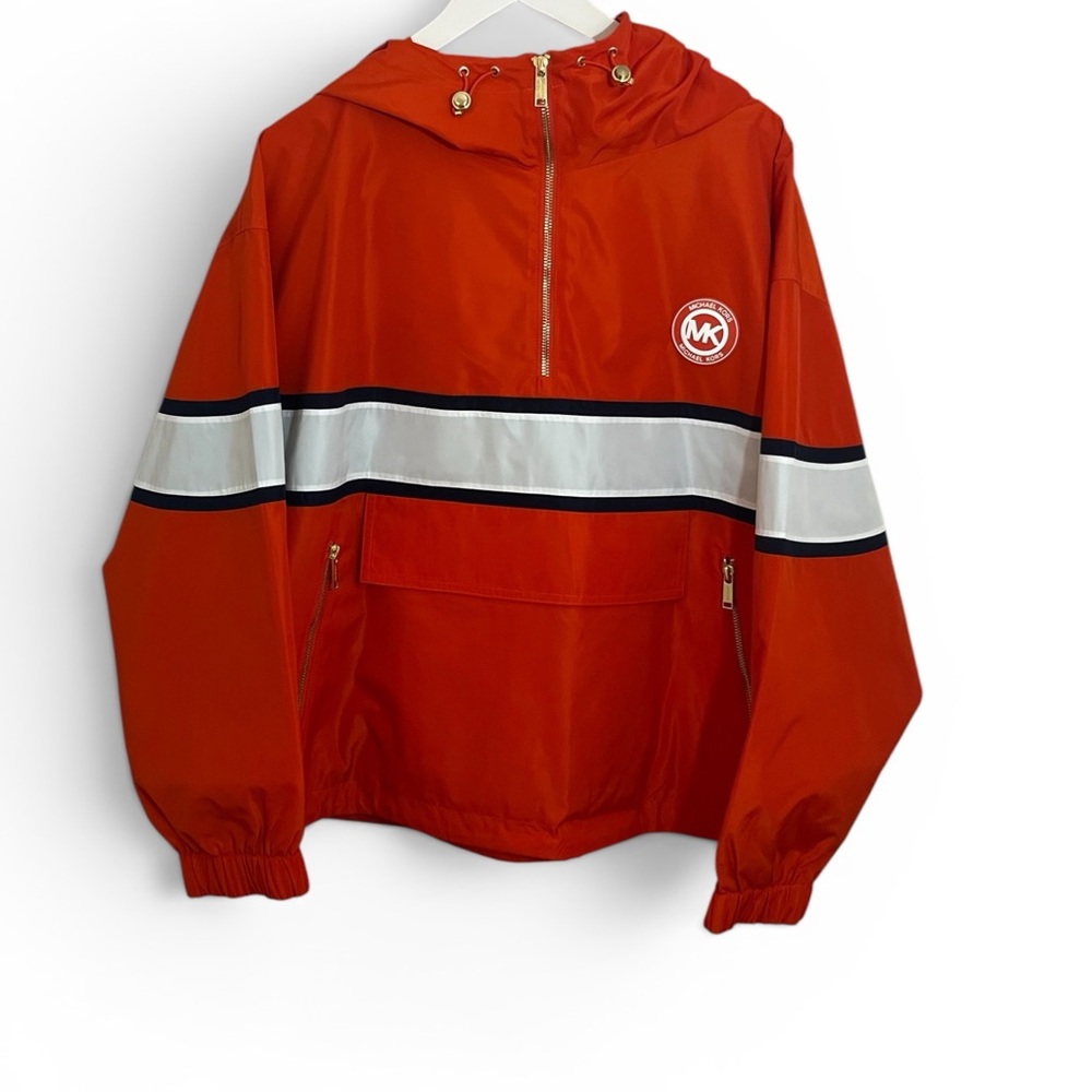 Michael Kors Bright Orange Hooded Anorak with White & Black Stripes